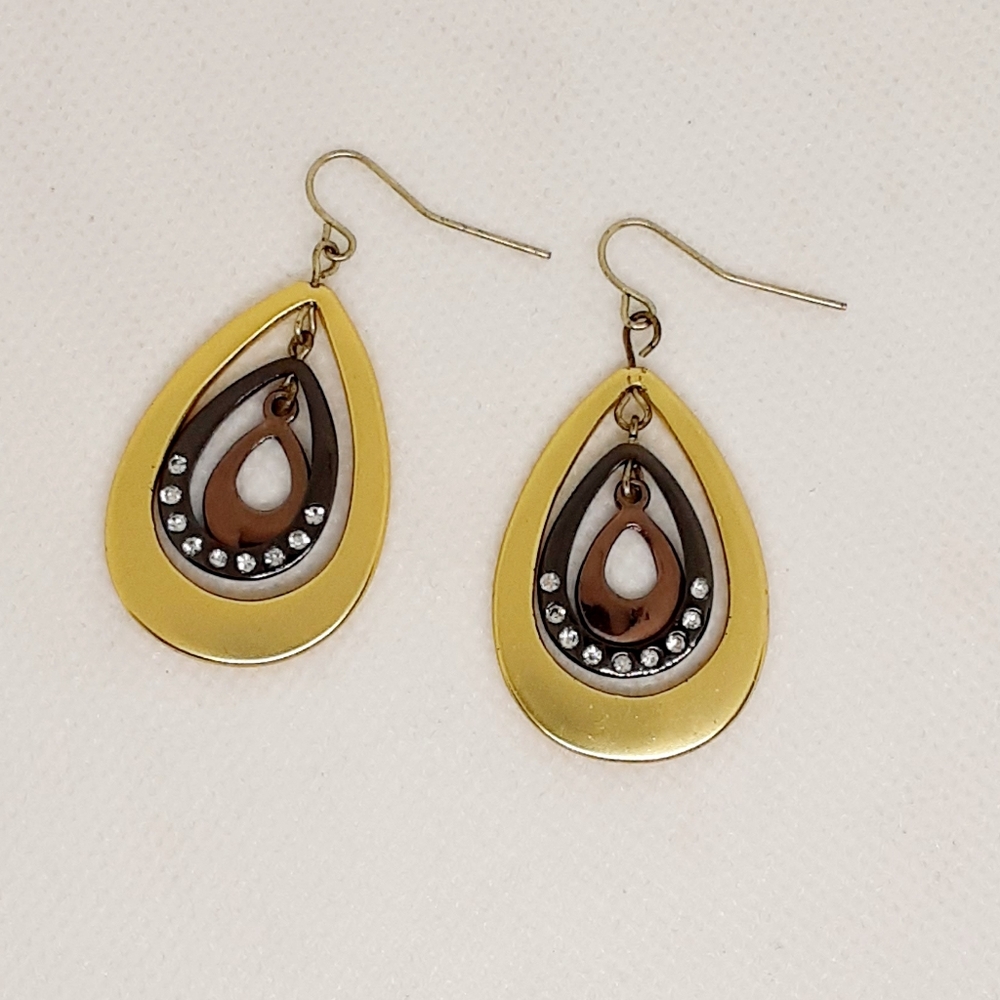 Vintage Earrings Tri-colour Rhinestone Teardrop Dangle 1 1/2" Gold Black Copper